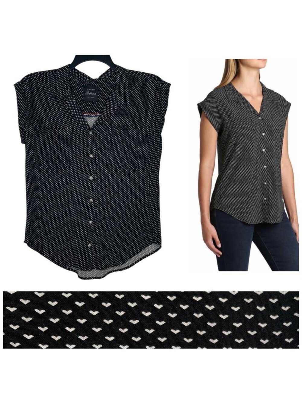 Jachs Girlfriend Womens Blouse Size Small Cap Sleeves Heart Print Button Front